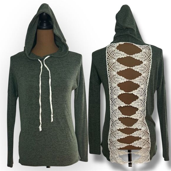 Windsor Heathered Forest Green Crochet Open Back Sweater Hoodie, Women’s Small - Picture 1 of 8